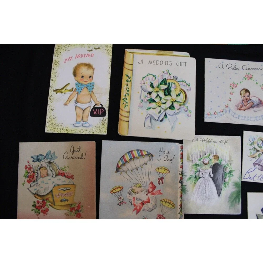 Lot 72 Vtg Baby Shower & New Baby Greeting Cards 1950s Graphics Glitter USA